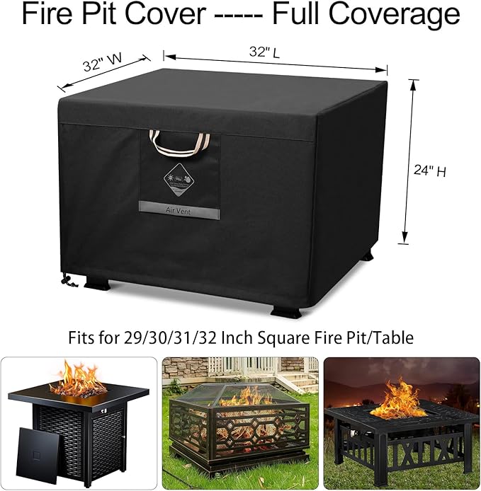 QH.HOME Fire Pit Cover Square Heavy Duty Fabric 100% Waterproof, Fits Outdoor for 29”,30 inch,31 inch,32 inch Fire Pit/Table Cover,Gas Fire Pit Cover (32”L x 32”W x 24”H,Black)
