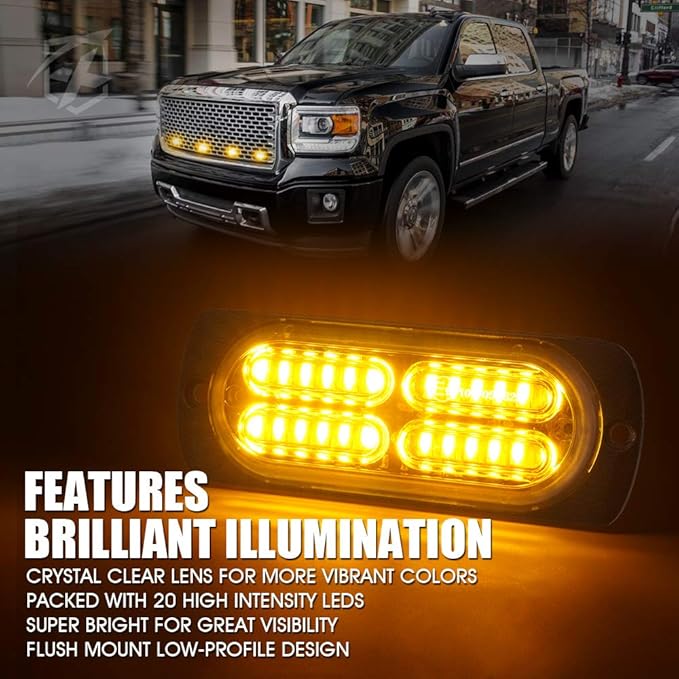 Xprite 24 LED Amber Surface Mount Strobe Lights Kit with Control Panel, Grill Grille Side Marker Flashing Emergency Warning Light Assemblies for Trucks Vehicles ATV RV Cars Van 4PCS