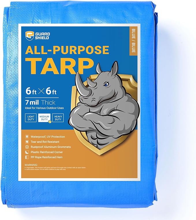 GUARD SHIELD Blue Tarp Waterproof 6x6 Feet Medium Duty All Purpose Poly Tarps Cover 7mil