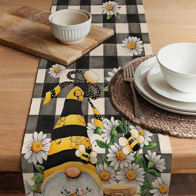 Seliem Spring Bee Gnome Table Runner, Honey Black White Buffalo Plaid Check Home Kitchen Dining Decor, Summer Seasonal Farmhouse Daisy Decorations Indoor Outdoor Anniversary Party Supply 13 x 36 Inch