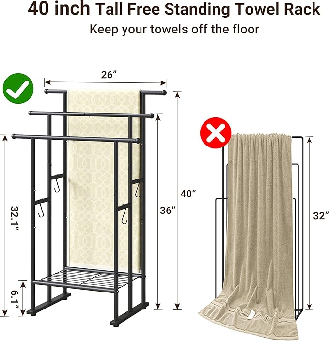 ELYKEN 3 Tier Standing Towel Rack, 40'' Tall Towel Drying Rack Outdoor, Freestanding Floor Towel Rack with Shelf, Pool Towel Blanket Stand, Metal Towel Racks for Bathroom freestanding, Matte Black