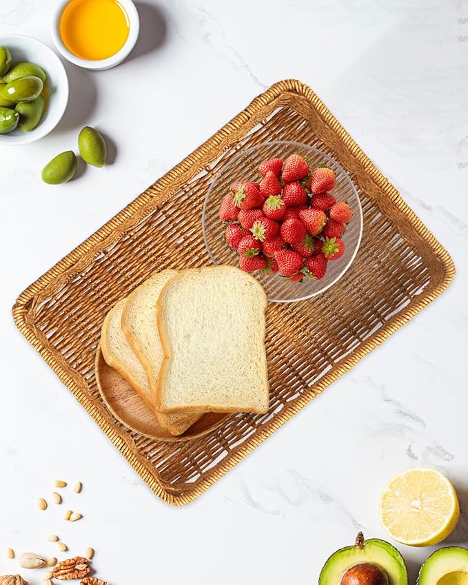 Woven Bread Basket, 3 Pack Wicker Fruit Baskets Rattan Bread Basket Poly Wicker Bread Baskets With Handles For Food Serving, Display, Vegetables, Home Kitchen, Restaurant, Outdoor (Rectangle set)