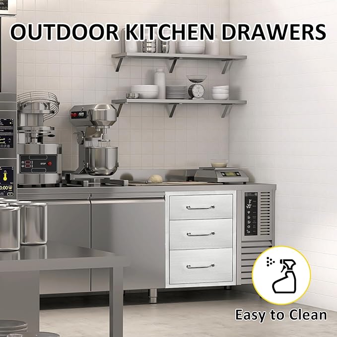 Outdoor Kitchen Drawers 14" W x 21"H x 21"D Stainless Steel Drawer Flush Mount Triple BBQ Drawers with Chrome Handle for Outdoor Kitchen Island, Patio Grill Station