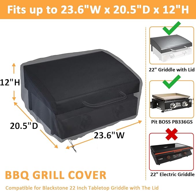 Grill Cover for Blackstone 22 Inch Griddle with Hood, Waterproof Grill Cover for Blackstone 2 Burner Tabletop Griddles, 600D Griddle Cover Replacement for 22 Tabletop Griddles with Hood