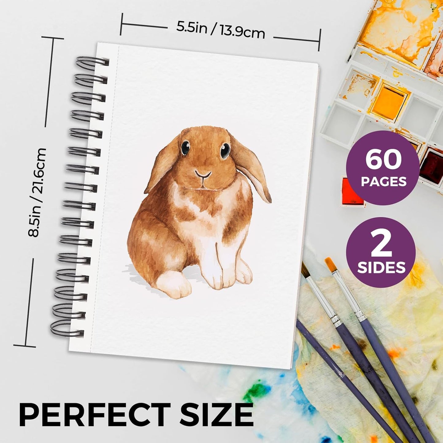 Funto Watercolor Pad 5.5x8.5, 30 Sheets, 140lb/300gsm, Double-Sided Cold Press, Spiral Bound, Heavyweight Paper for Watercolor Painting