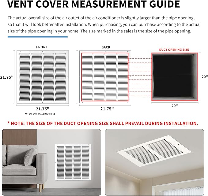 20x20 Return Air Grille(Duct Opening Size),Air Return Vent Cover,Flat Vent Cover,Rejillas De Aire Acondicionado para Casa,Return Air Grilles,Outer Dimensions:21.75"Wx21.75"H(20"Wx20"H, Duct Opening)