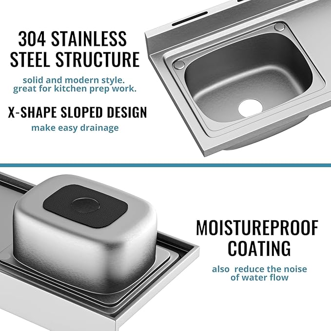 Stainless Steel Sink, Free Standing Kitchen Sink with Countertop Workstation, Utility Sinks Single Bowl with Cold and Hot Water Pipe Indoor Outdoor (47 Inch)