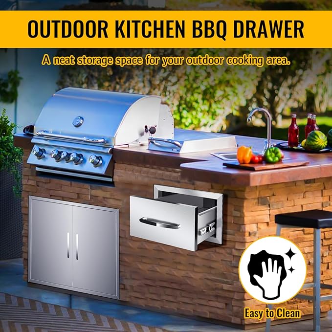 Outdoor Kitchen Drawers, Box Frame Style Flush Mount BBQ Drawer w/Stainless Steel Handle, BBQ Island Drawers For Patio Grill Station,Single Drawer