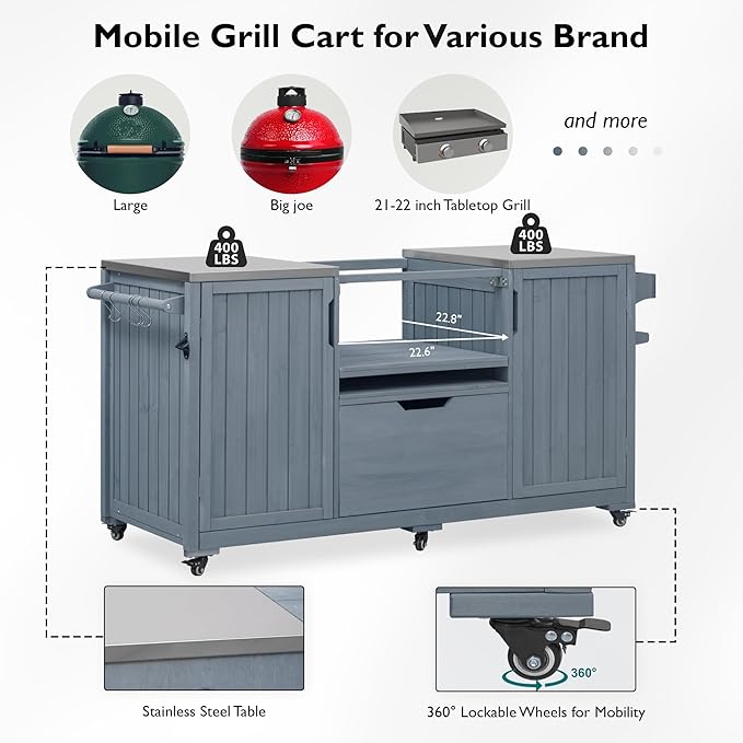 66.5" Outdoor Kitchen Island with Stainless Steel Top for Big Green Egg, Rolling Grill Cart with Adjustable Shelves, Lockable Wheels, Outdoor Table and Bar Storage Cabinet for Patio