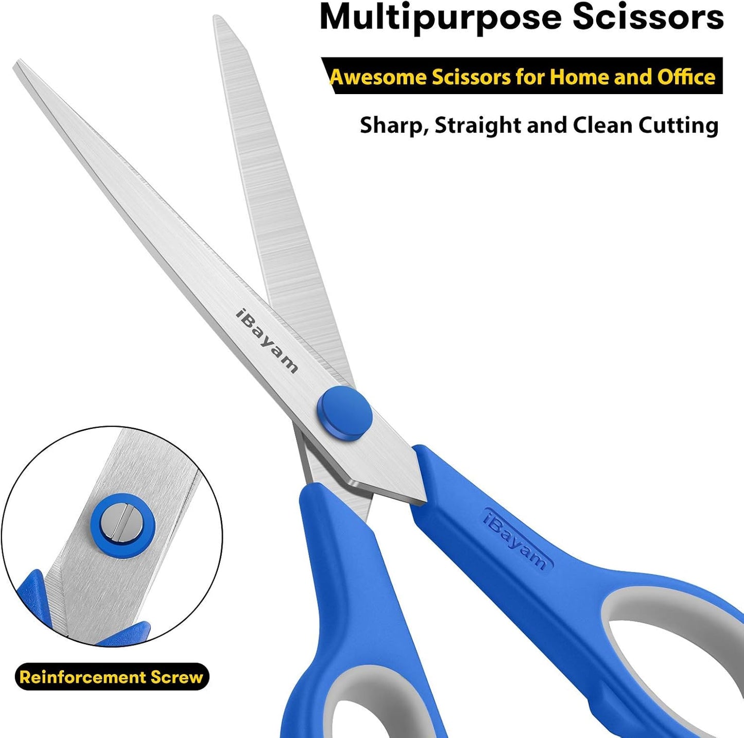 Scissors, iBayam 8" All Purpose Scissors Bulk 3-Pack, Ultra Sharp 2.5mm Thick Blade Shears Comfort-Grip for Office Desk Accessories Sewing Fabric Home Craft School Supplies, Right/Left Handed