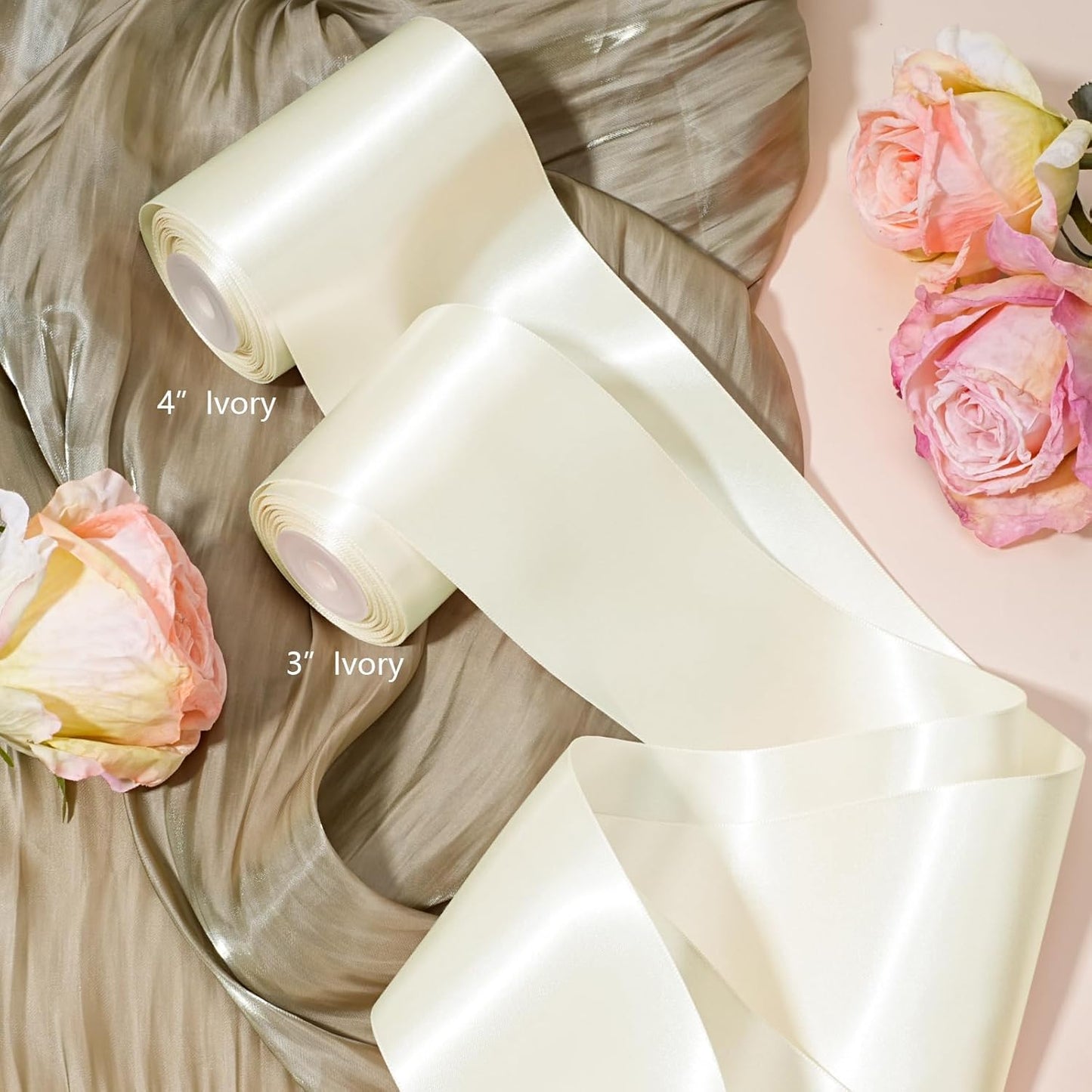 LaRibbons Ivory Satin Ribbon 4 Inch 10 Yards Double Faced Luxury White Cream Silk Ribbon for Gift Wrapping Flower Bouquets Bow Christmas Wedding Party Decoration