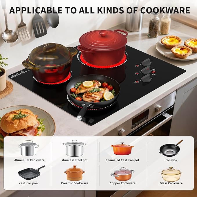 VBGK Electric Cooktop,24 inch 220V Stove Top,Touch and Knob Control,LED,9 Power Levels, Kids Lock &Timer,Overheat Protection,5000W 3 burner electric cooktop.