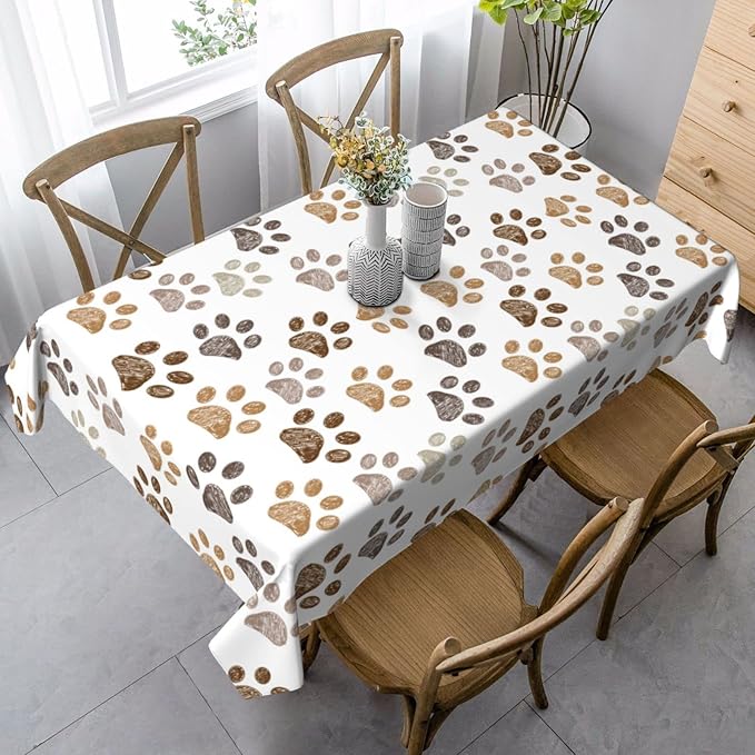 Worltoldb Dog Paw Print Tablecloths - Polyester Rectangular Table Cover - 90" x 60" - White - Animal Print, Formal - All-Season - Water Resistant, Durable - Wedding
