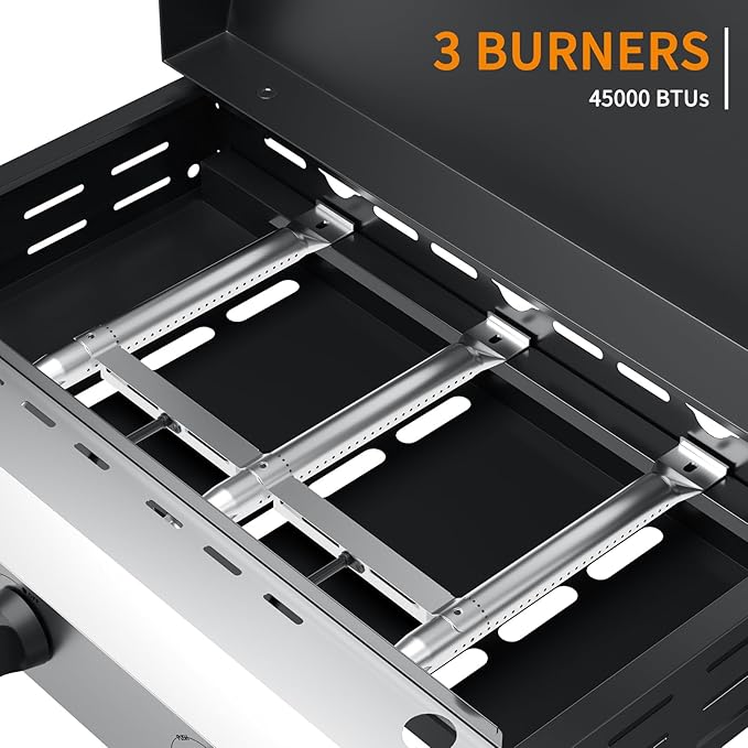 3 Burner BBQ Gas Griddle with Hood, 25.6 Inch Stainless Steel Portable Detachable Propane Griddle, 45,000 BTU Flat Top Grill with Side Shelves for Camping, Silver