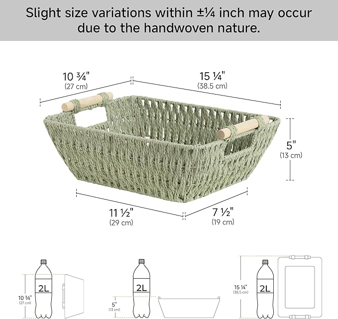 StorageWorks Large Wicker Storage Basket for Organizing with Wooden Handles, Toilet Paper Baskets for Shelf, Bosana Green, 2-Pack