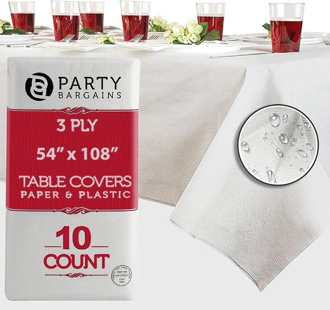 PARTY BARGAINS 10 Disposable Table Covers - 54" X 108", 3 Ply Paper & Plastic White Table Cover