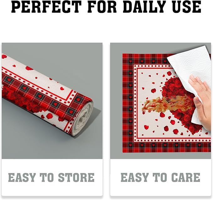 Giwawa 4PCs Valentines Day Placemats 12x18 Inch Love Hearts Rose Flower Place Mat Red Black Buffalo Plaids Non Slip Heat Resistant Table Mats for Kitchen Dining Holiday Wedding Anniversary Decor