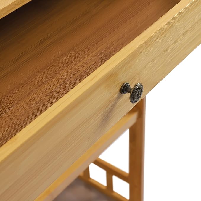 Bamboo Serving Cart with Drawer and Fence Rail, Kitchen Storage Organizer Trolley with Silent Wheels for Home Dining Room and Outdoor Use Natural Finish 53x30x80 cm Ideal for Families and Entertainers