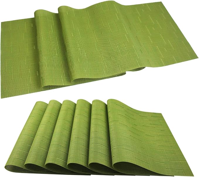 PIGCHCY Elegant Placemats and Table Runner, Washable Durable Plastic, 6pcs Placemats + 1pcs Runner, Sage Green