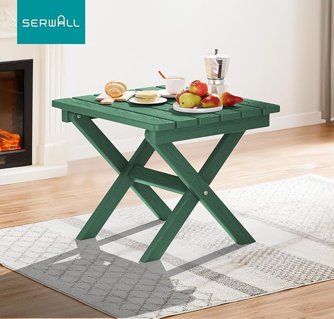 SERWALL Portable Folding Outdoor Side Table - Adirondack Style, HDPE Material, No Assembly Required, Outside End Table for Patio, Porch, Deck, Pool, Green