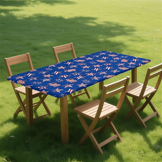 Rectangle Table Cloth Cover Waterproof Elastic Fitted Polyester Fitted Tablecloths for 6 Foot Tables for Indoor,Picnic, Camping, Outdoor （72" x 30"，American Flag）