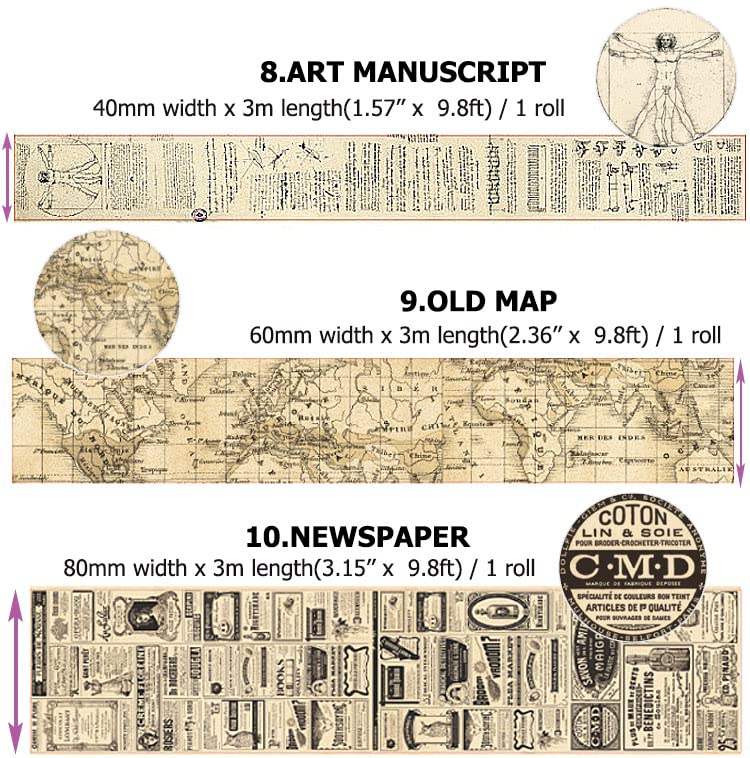 10 Rolls (Totally 98ft/30m) Vintage Washi Tape Set, Masking Tape Nostalgic Style Decor Sticker for DIY Craft Scrapbooking Bullet Journal Planner Gift Wrapping