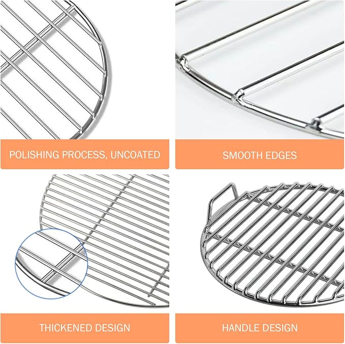 Stainless Steel Grill Grate, Extra Thick Round Cooking Grill Grates Replacement with Handle for Charcoal Smoker Campfire Picnic Outdoor Cooking, 14 Inch Stainless Steel Grate