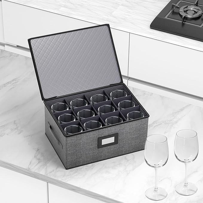 Aokeyee Wine Glass Storage Box Containers with Dividers - 2 Pack Stemware Storage Cases for 24 Crystal Glasses, Drinkware, Hard Shell for Moving & Protection(17'' x 12.8'' x 10.25'', Grey)