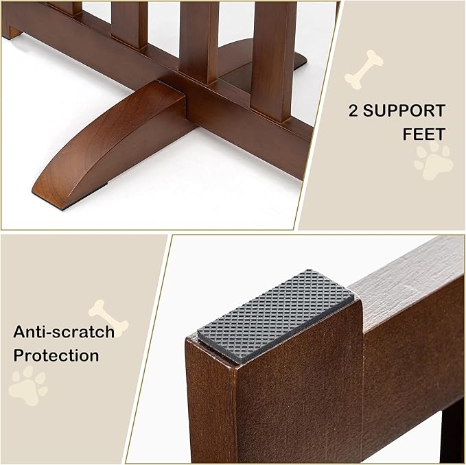24" Height Tall Freestanding Pet Gate, Solid Wood Folding Safety Fence Wooden Dog Gate with 2 PCs Support Feet Ideal for Stairs, Doorways, Halls, Kitchens, Heavy Duty Gates, 2 Panels, Walnut