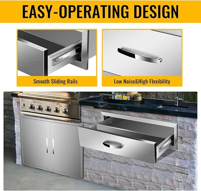 Outdoor Kitchen Stainless Steel Triple Access BBQ Drawers With Handle For BBQ Island Patio Grill Station,Single Drawer