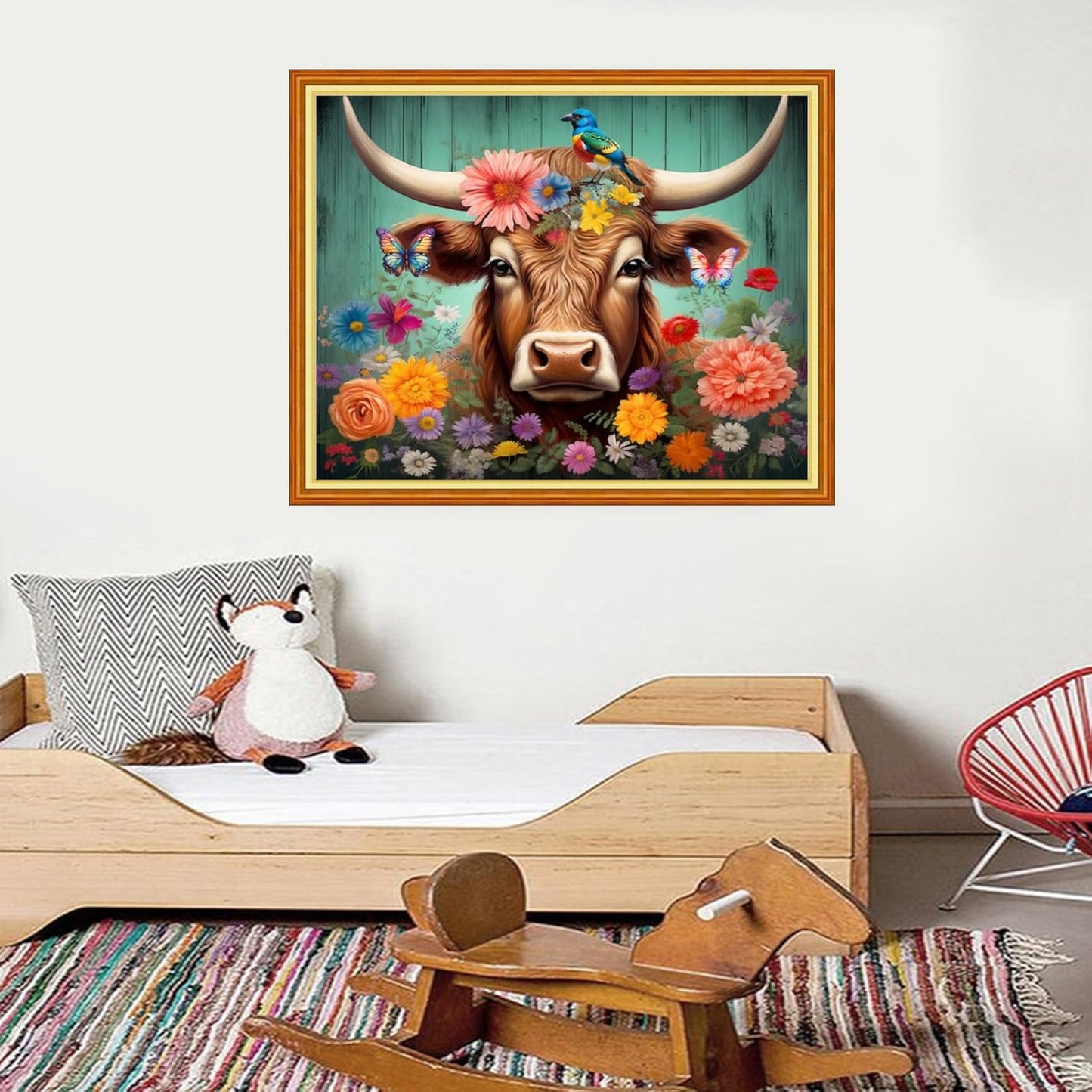 Foxdiviy Stamped Cross Stitch Kits for Beginners Full Range of Cross Stitching 11 CT Printed Cross Stitch Kits for Kids Adults Cross Stitch Patterns Needlepoint Kits-Colorful Cow Flowers 16x20 inch