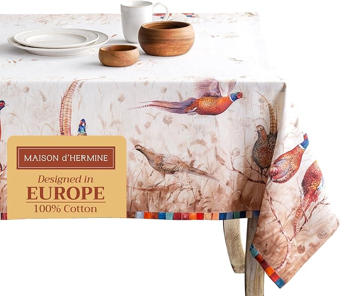 Maison d' Hermine Table Cloth Rectangle Table 100% Cotton 54 x 72 Inches Fall Tablecloth Reusable Everyday Use for Thanksgiving Christmas Decorations Dining Farmhouse Party (Faisan D'Automne)