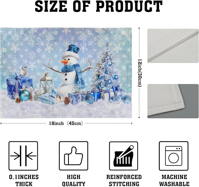 Giwawa Blue Snowman Placemats Set of 4 Christmas Trees Balls Winter Snowflakes Linen Place Mat Xmas Snow Scenery Non Slip Heat Resistant Table Mats 12"x18" for Kitchen Dining Holiday New Year Decor