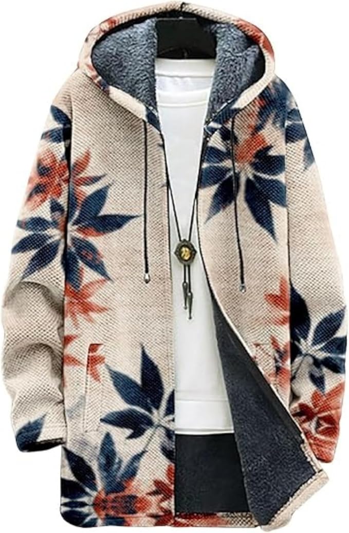 Men's Hooded Sweater Coat Knit Fleece Lined Long Cardigan Jacket with Zip Front Pocket Vintage Casual Zip Up