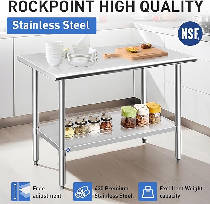 ROCKPOINT Stainless Steel Table for Prep & Work 18x48 Inches, NSF Metal Commercial Kitchen Heavy Duty Table with Adjustable Under Shelf and Table Foot for Restaurant, Home and Hotel