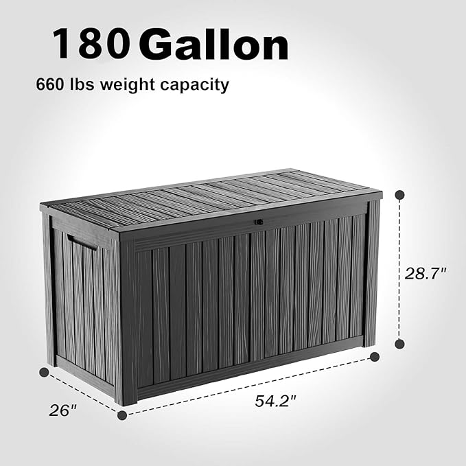 EasyUp 180 Gallon Outdoor Storage Box Waterproof, UV Resistant Resin Deck Box with Hydraulic Rod, Reinforced Stability for Patio, Garden, and Pool, Striped Black