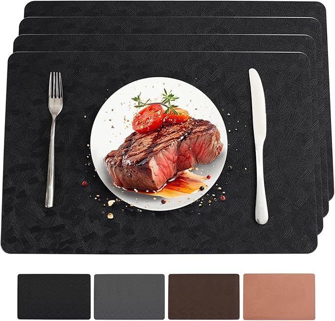 Vinyl Placemats Set of 4 Heat Resistant Easy Clean Non-Slip Place Mats for Dining Table. Faux Leather Waterproof Stain Resistant Wipeable Washable PU Table Mats(4, Black)