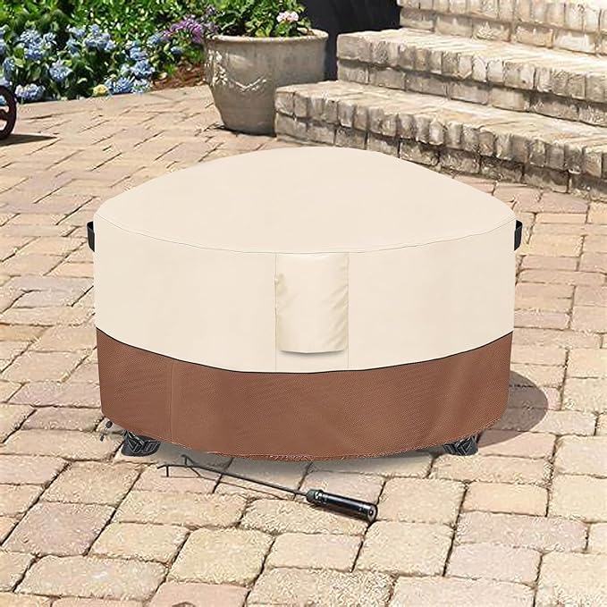 Fire Pit Cover,Outdoor Heavy Duty 600D 100% Waterproof Fire Pit Cover Round,Weatherproof Firepit Covers Round 38" Dia x 24" H,Beige & Brown