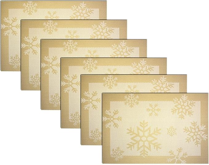 Christmas Placemats Set of 6 Vinyl Woven Non-Slip Placemats Washable Easy to Clean Table Mats for Dining Table (Snow Gold)