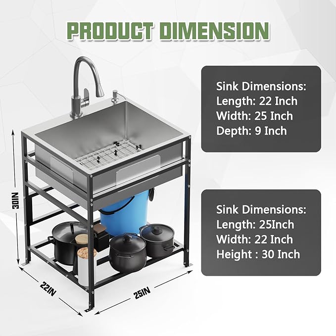 25x22 Inch Stainless Steel Utility Sink-Freestanding Laundry Sink Practicality With Accessories Stainless Functional Faucet,Soap Dispenser, SS Sink Grid For Laundry,Garage,Outdoor Kitchen,Garden...