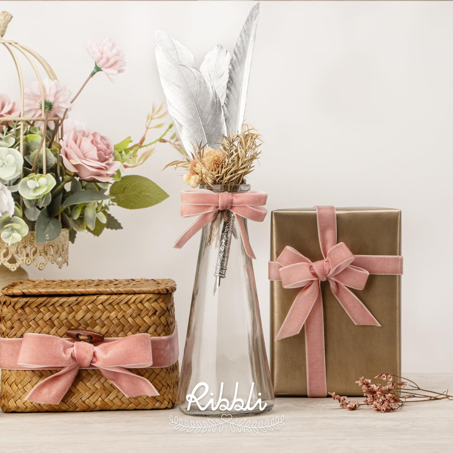 Ribbli Rose Gold Velvet Ribbon 5/8 Inches Continuous10 Yard Spool Dusty Pink Christmas Ribbon for Gift Wrapping Crafts Home Decor