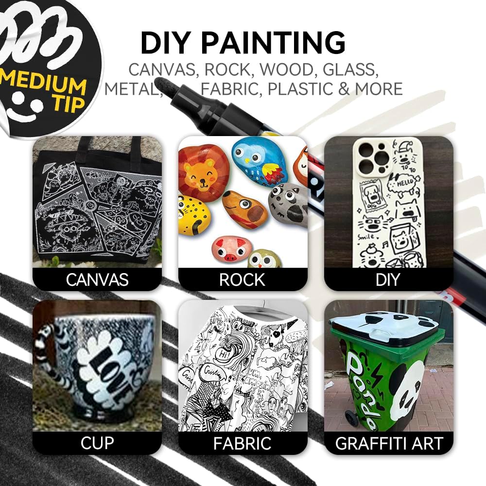 TRANSON 2 Black and 2 White Permanent Paint Markers for Fabric Rock Craft Diy Painting Medium Tip Oil Based Waterproof