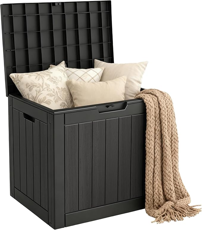Mars Villa 31 Gallon Deck Box, Waterproof Weatherproof and UV Resistant Resin Storage Bin with Lockable Lid, Ideal for, Outdoor, Patio Furniture Cushions, Pool Supplies, Garden Tools, Black