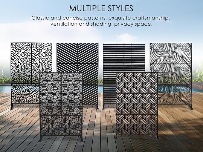 Kozyard Metal Privacy Screen 74" H x 47.2" W Decorative Outdoor Divider with Stand Panels Freestanding Screen Set for Deck Patio Balcony Garden Outdoor&Indoor(Black/Chevron)