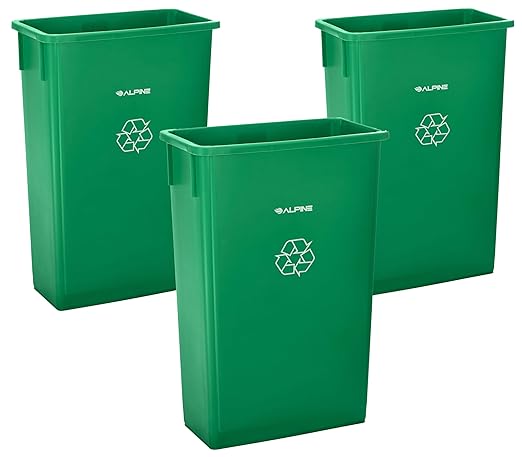 Alpine 23 Gallon Slim Trash Can - Open Top 3 Pack Slender Green Recycle Bin - Heavy Duty Plastic Garbage Bin for Homes, Offices and Other Commercial Space