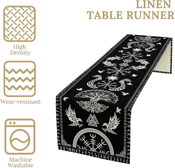 Viking Table Runner, Black Viking Tree of Life Raven Helmet of Awe Table Runner for Kitchen Dining Home Party 13x90in