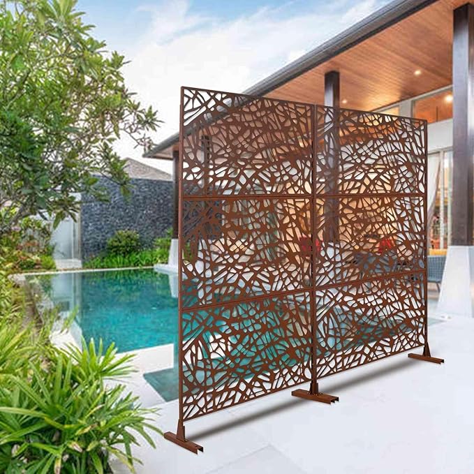 Outdoor Decorative Metal Privacy Screen Panel, 48" L x 16" W x 76" H, Steel Partition for Garden, Patio, and Backyard, Freestanding with Stable Base, Modern Geometric Design, Rust Red