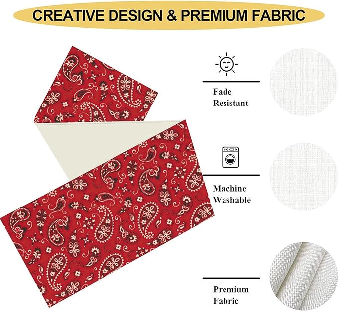 Red Paisley Table Runner, Rustic Damask Antique Floral Flower Retro Boho Swirled Pattern Vintage Coffee Table Center Decor for Family Kitchen and Living Room Outdoor Table Decorations, 13"x72"