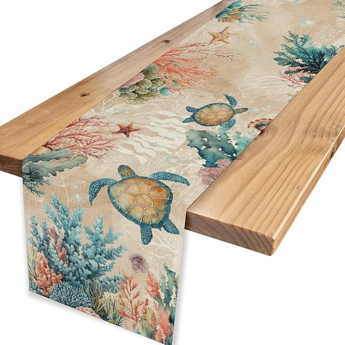 Retro Sea Turtle Table Runner, Nautical Starfish Underwater Coral Seashell Coastal Ocean Seasonal Coffee Table Center Decor for Home Kitchen Dining Patio Holiday Party Table Decorations 13"x90"