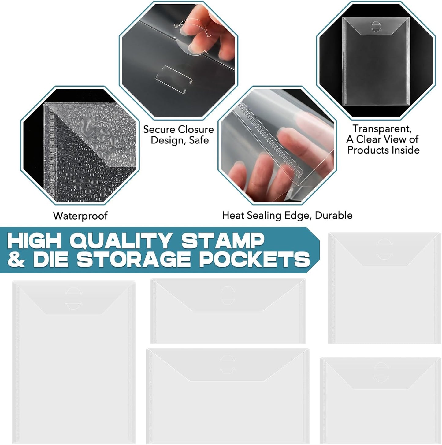 BAOFALI 150 Pcs/Set 5 Sizes Clear Stamp and Die Storage Pockets, Stamp Storage Bags, Plastic Envelopes, Scrapbooking Storage Die Cuts for Stencil Storage Card Making Cutting Dies